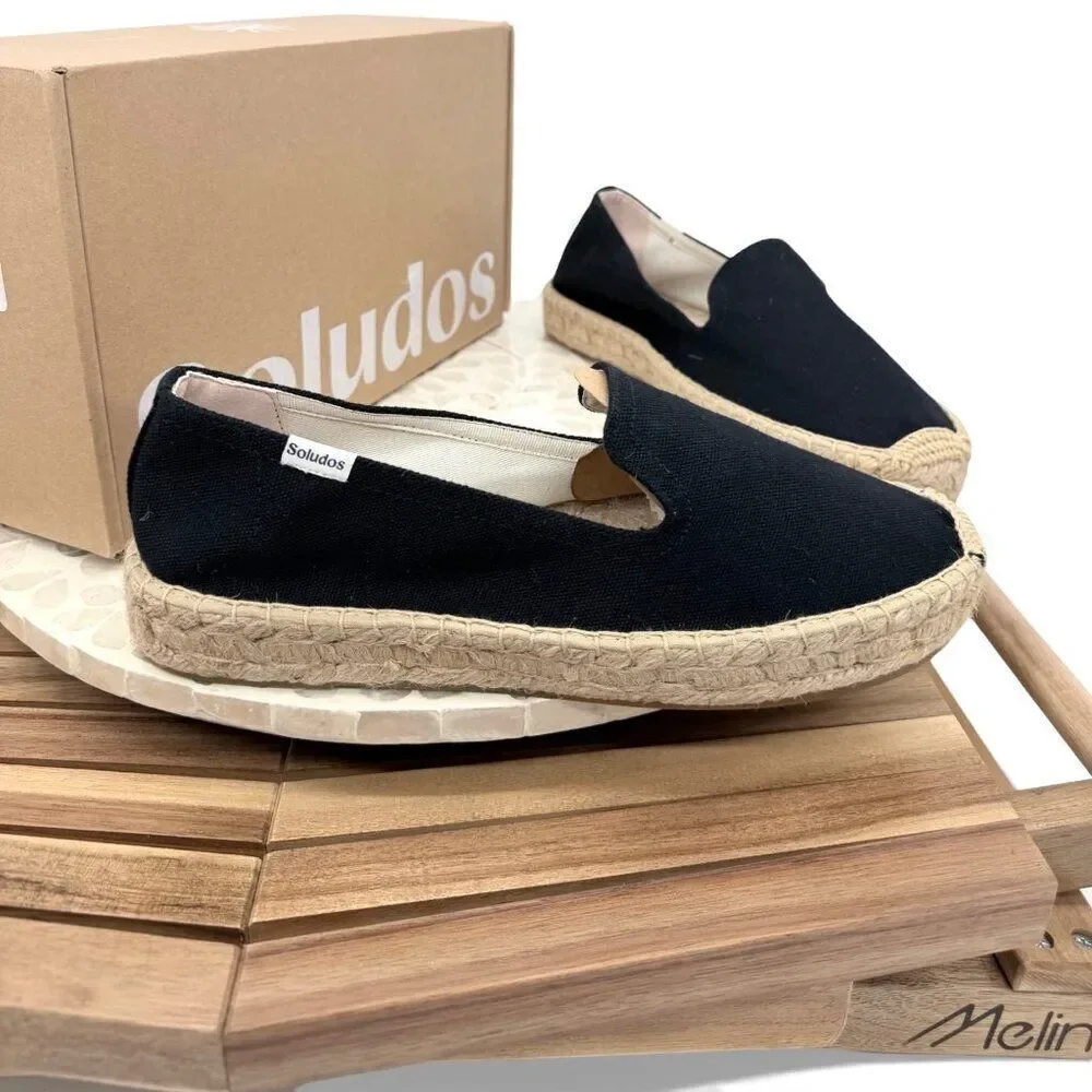 Soludos Platform Espadrille Smoking Slippers Slip On Loafers Black Size 10